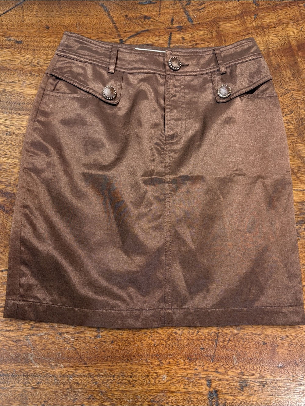 Soft Maple Satin A-Line Mini Skirt Bronze Brown Button Utility Pocket Sz S